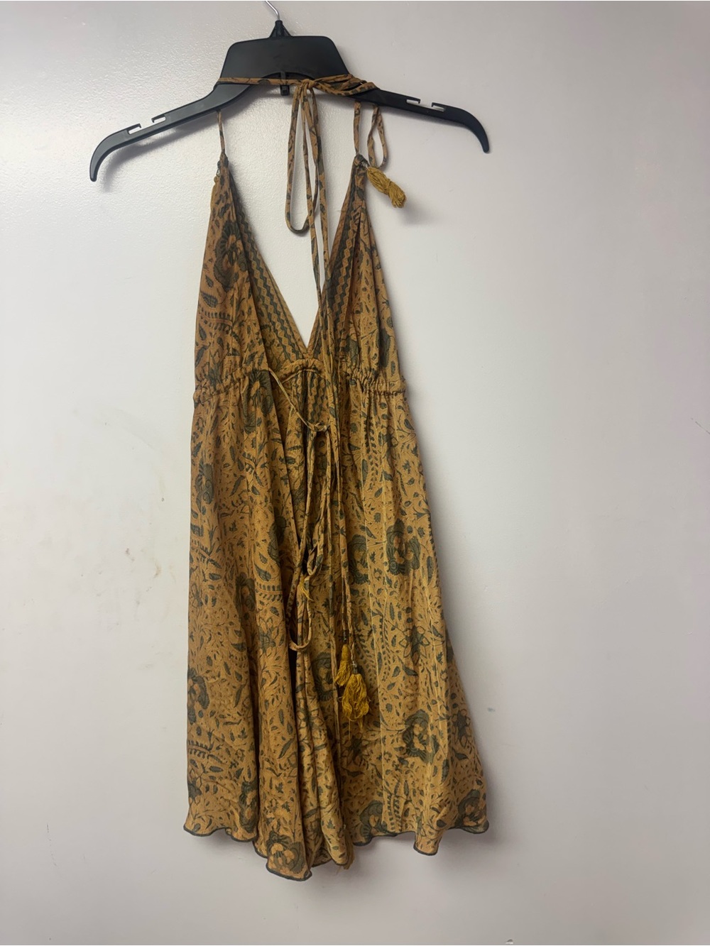 Karma Highway Boho Halter Mini Dress One Size Brown Floral Tassel Tie India B9 - Picture 4 of 9